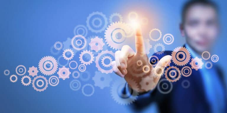 Businessman with gears 1200x600 px