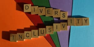 The word diversity and inclusion on a colorful background.