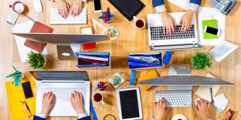 overhead shot of workers in an office
