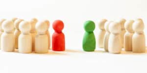 A group of wooden figures standing next to each other.
