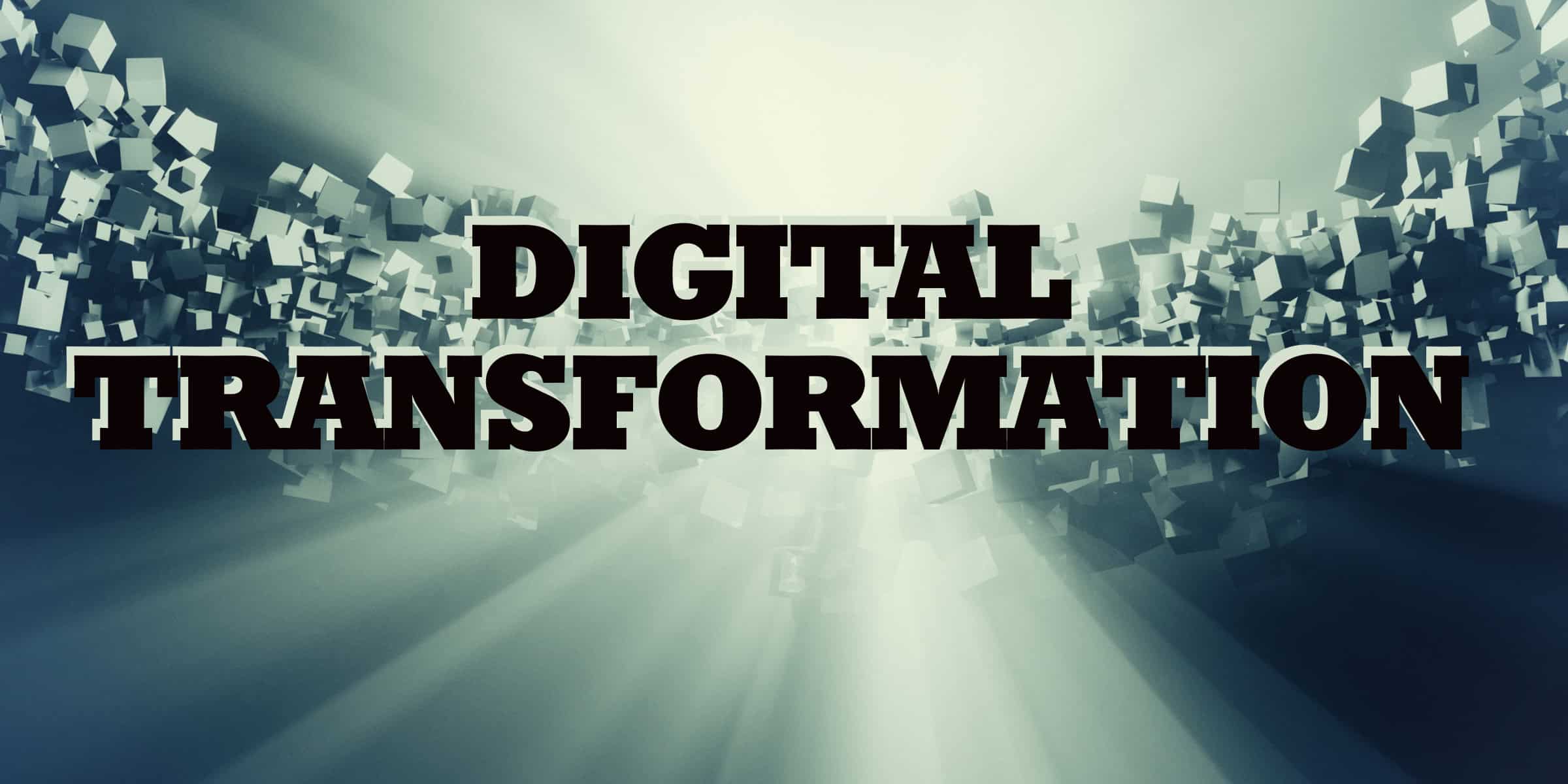 The words digital transformation on a blue background.