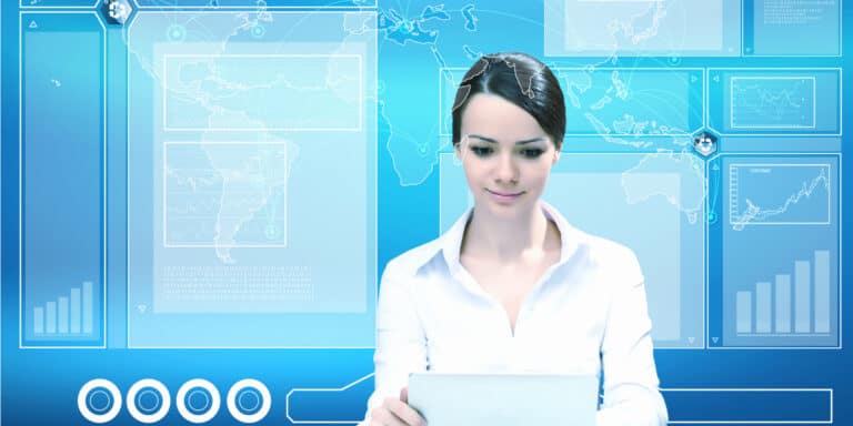 A woman is using a tablet computer in front of a blue background.