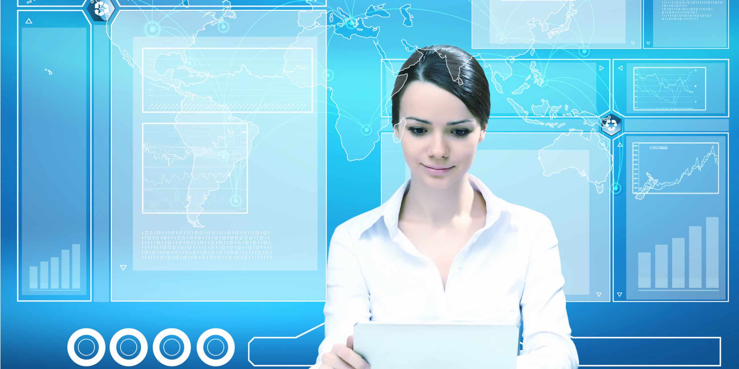 A woman is using a tablet computer in front of a blue background.
