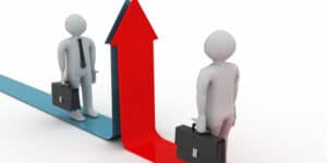 A 3d man holding a briefcase and a red arrow pointing upward.