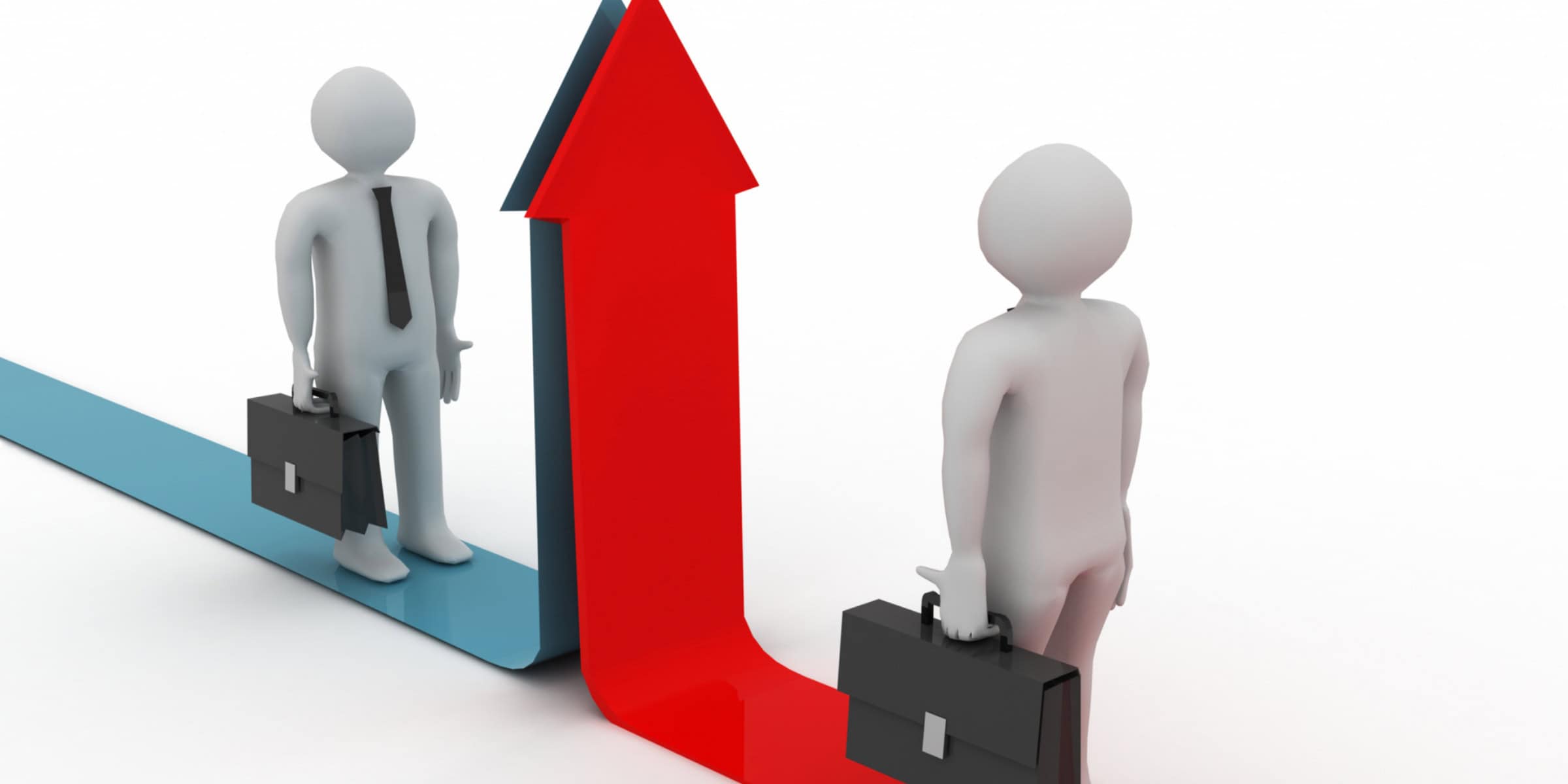 A 3d man holding a briefcase and a red arrow pointing upward.