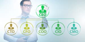 A businessman pointing to a group of people with the word cpo.