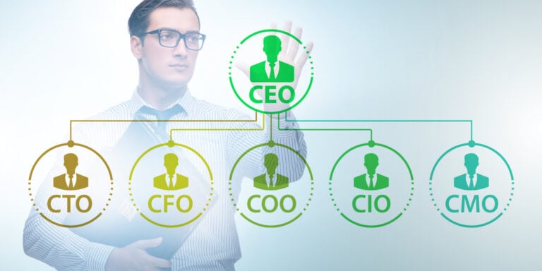 A businessman pointing to a group of people with the word cpo.