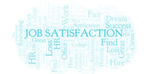 Job satisfaction word cloud on a white background.