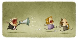 A cartoon illustration of a businessman shouting into a megaphone.