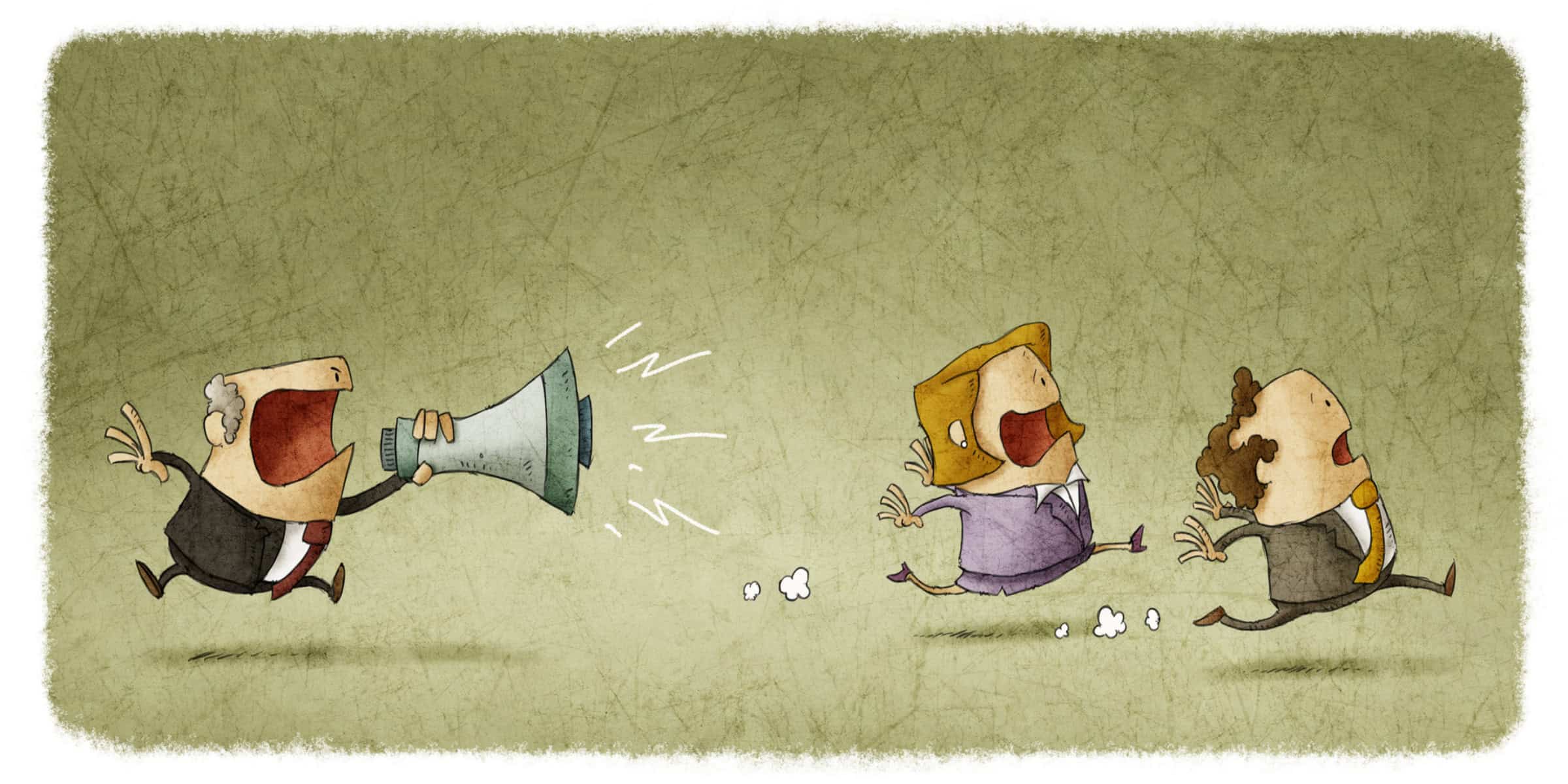 A cartoon illustration of a businessman shouting into a megaphone.