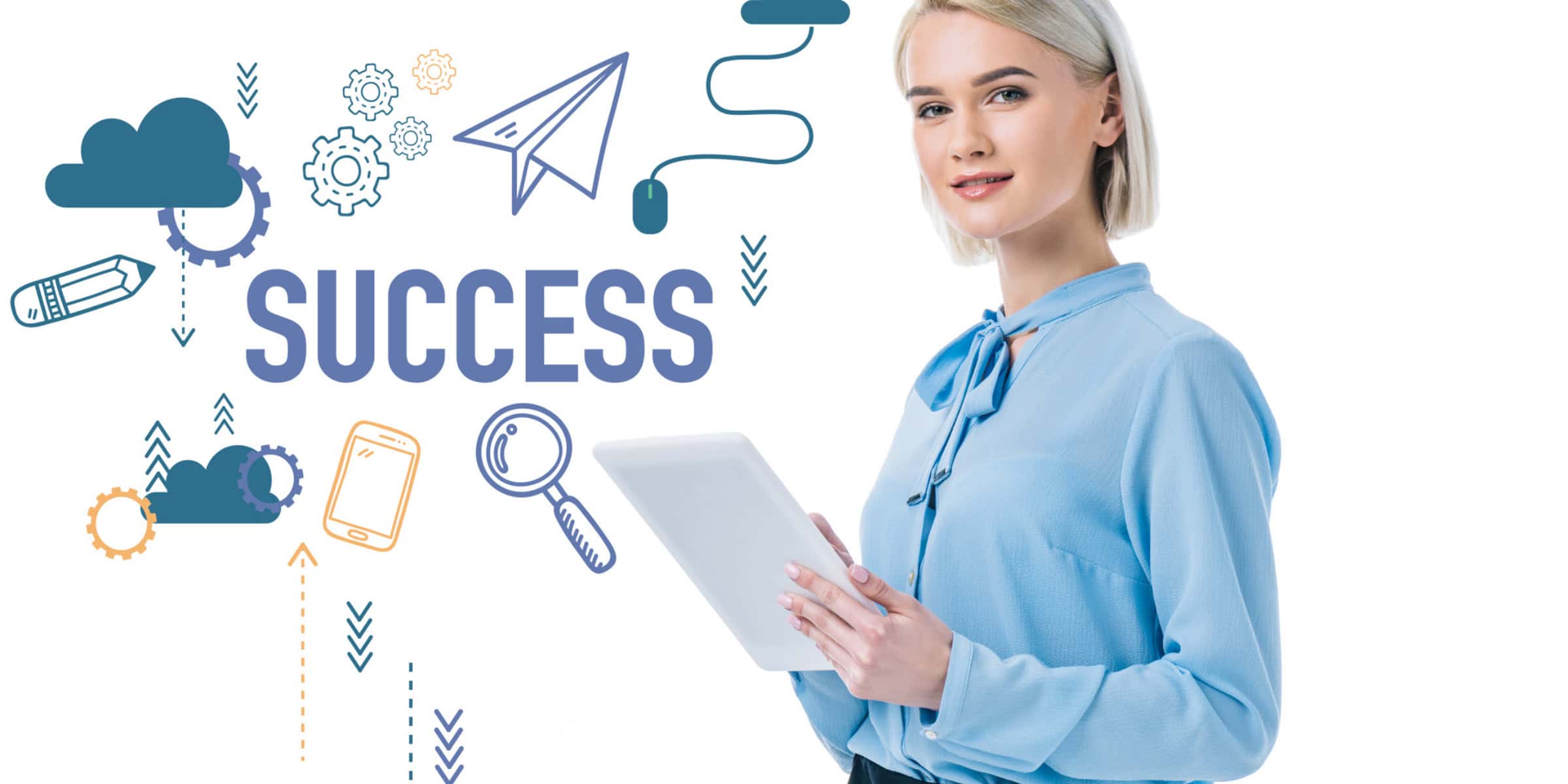 A woman holding a tablet with the word success.