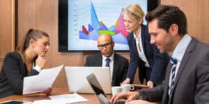 A group of business people in a meeting room.