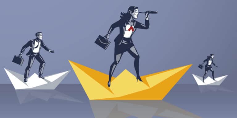 Business people on paper boat with binoculars.
