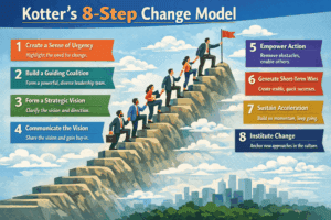 Illustration of Kotter’s 8-Step Change Model with people climbing steps, each labeled with a step in the change process, set against a cityscape background.