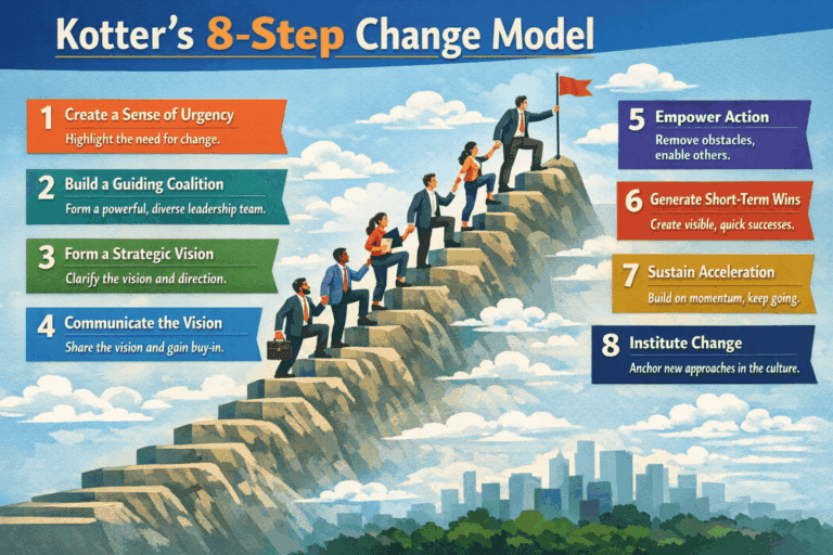 Illustration of Kotter’s 8-Step Change Model with people climbing steps, each labeled with a step in the change process, set against a cityscape background.