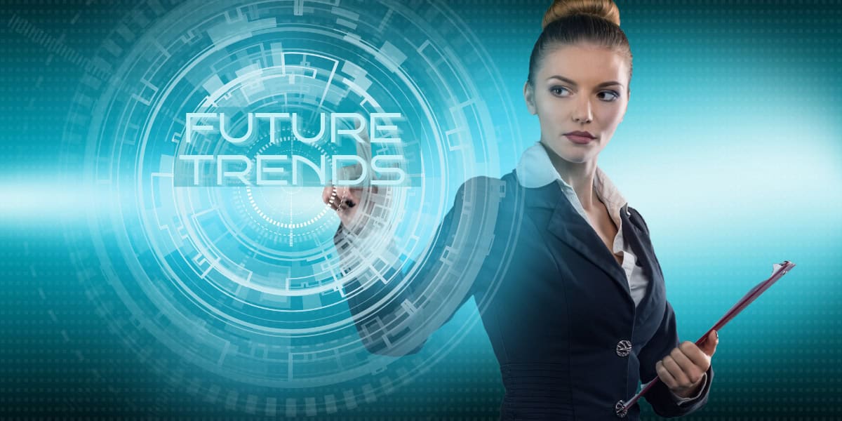 A business woman pointing at a futuristic screen with the word future trends.
