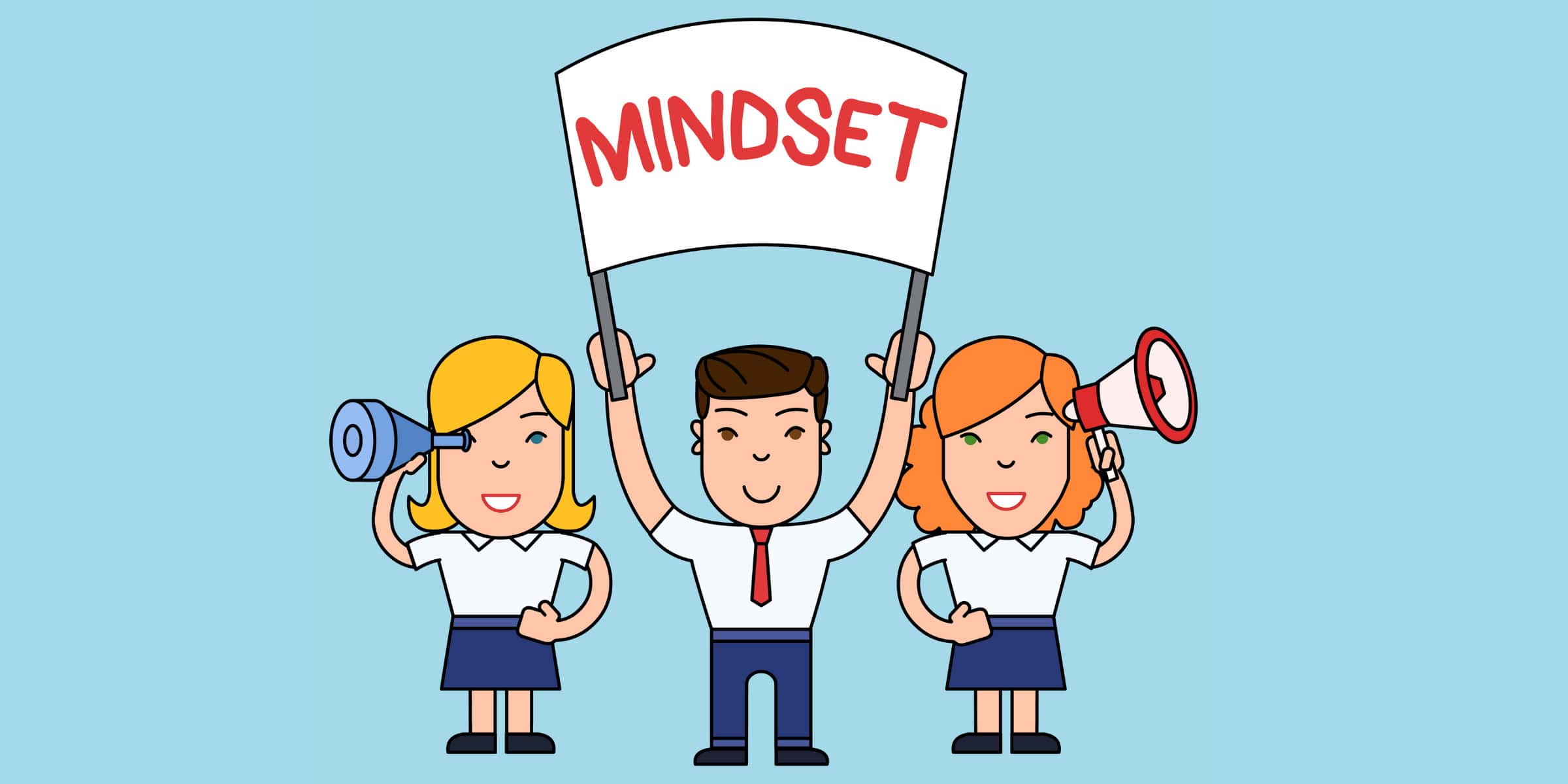 A cartoon illustration of a group of people holding up a sign that says mindset.
