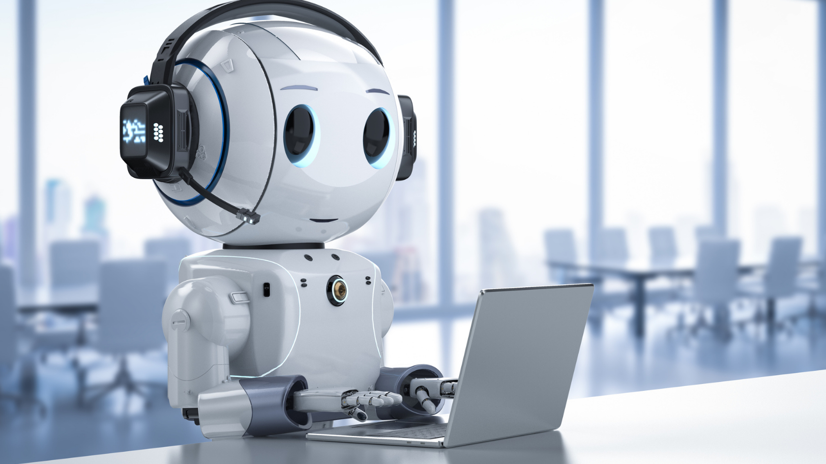A robot wearing headphones is sitting at a desk with a laptop.