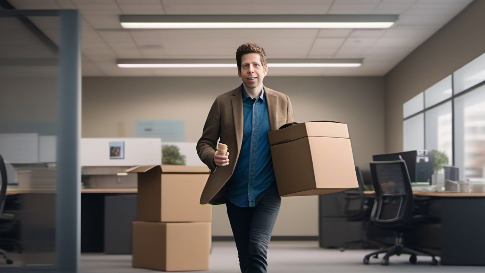 A man walking through an office with boxes.