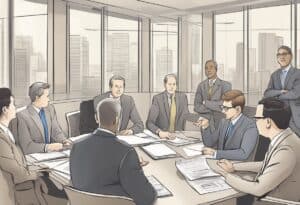 A group of business people sitting around a conference table.