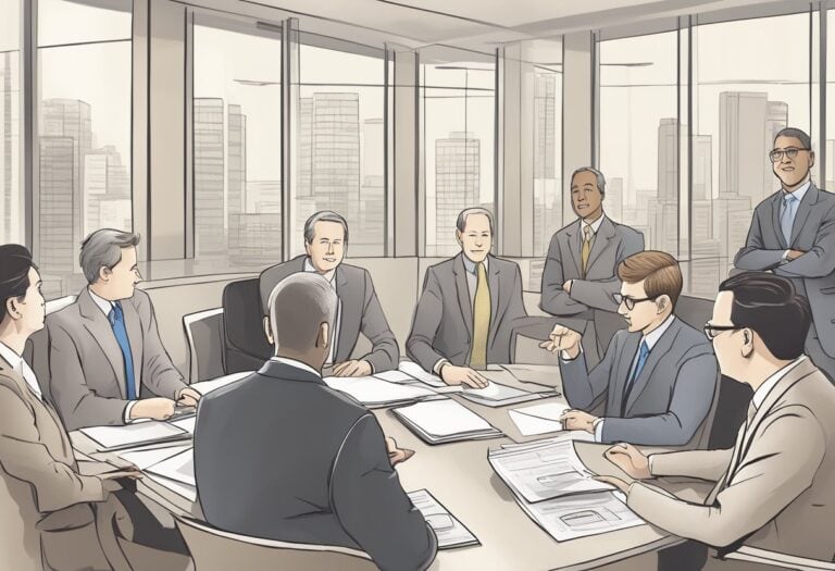 A group of business people sitting around a conference table.