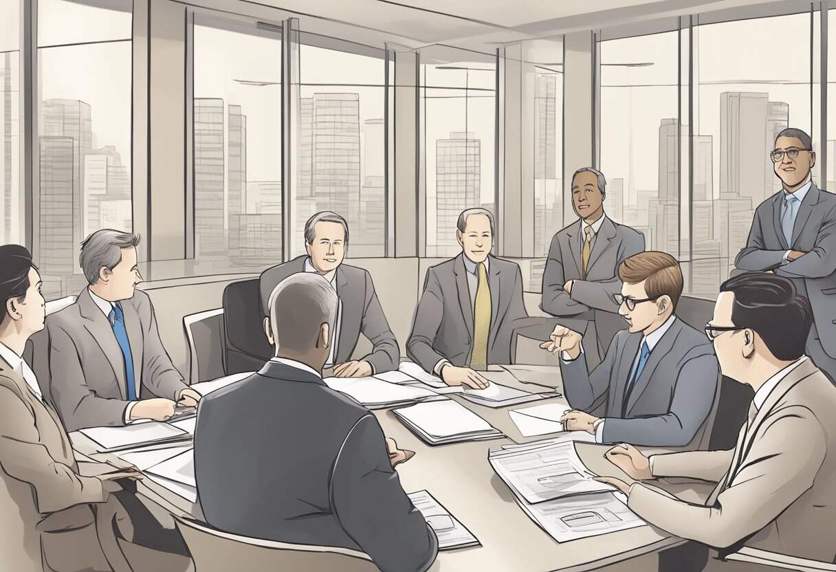 A group of business people sitting around a conference table.