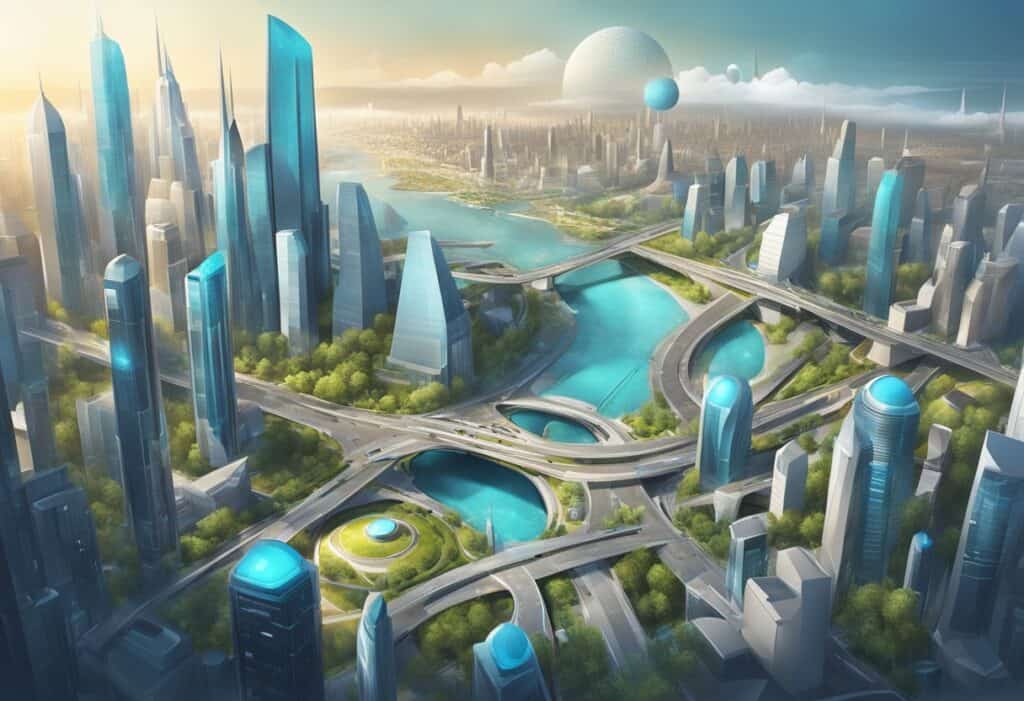 A futuristic city with a bridge and skyscrapers.