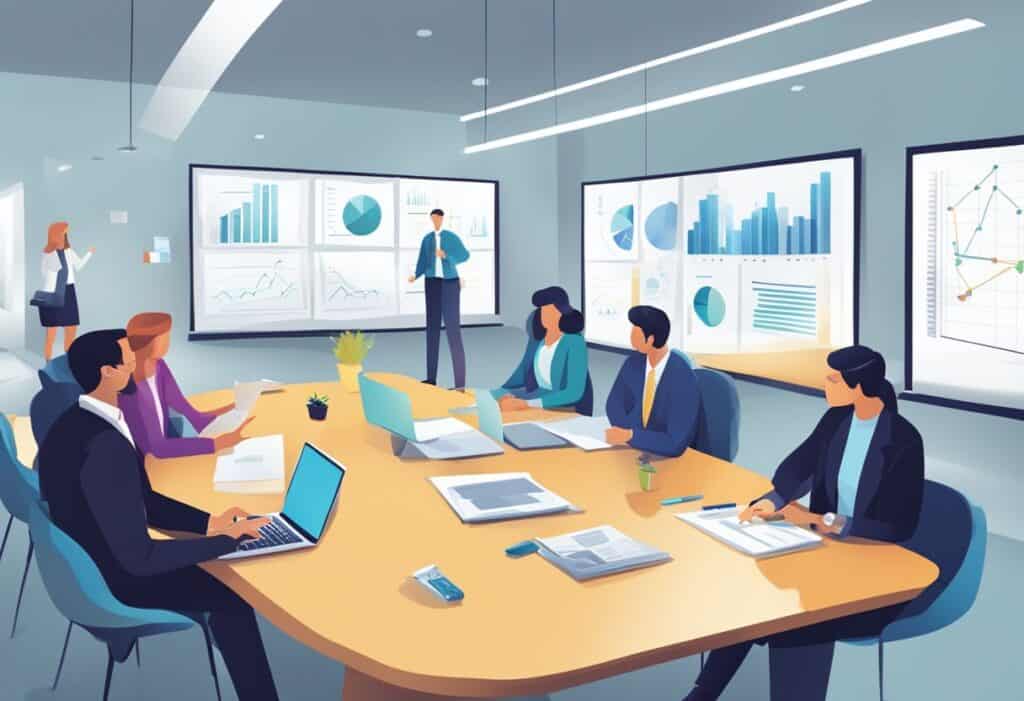 A group of people sitting around a table in a conference room.