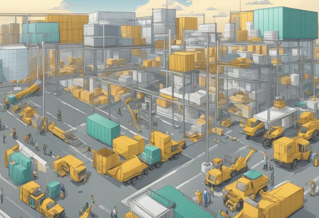 3d illustration of a city with lots of trucks.