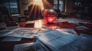 A globe on a desk with newspapers and a lamp.