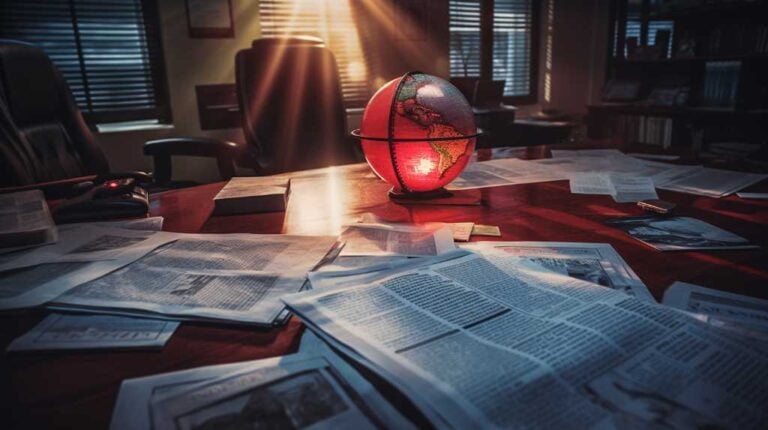 A globe on a desk with newspapers and a lamp.