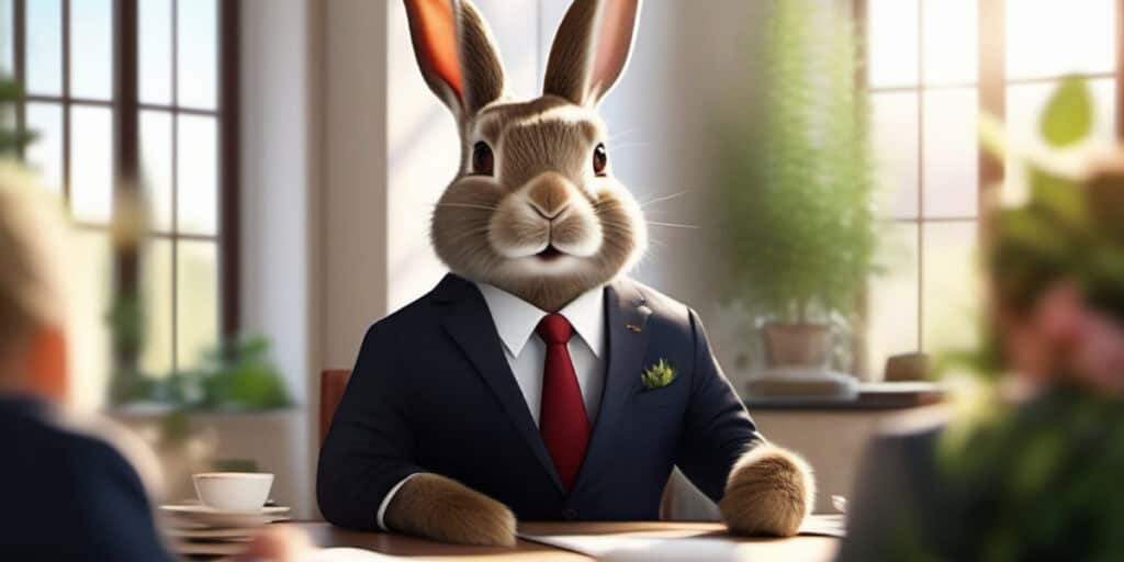 An animated rabbit dressed in a business suit sitting at a conference table.