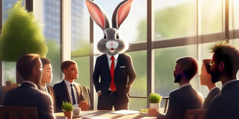 Animated rabbit character leading a business meeting with human attendees.