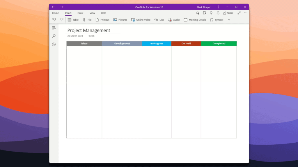 Digital project management board with columns for ideas, development, in progress, on-hold, and completed tasks on a computer screen.