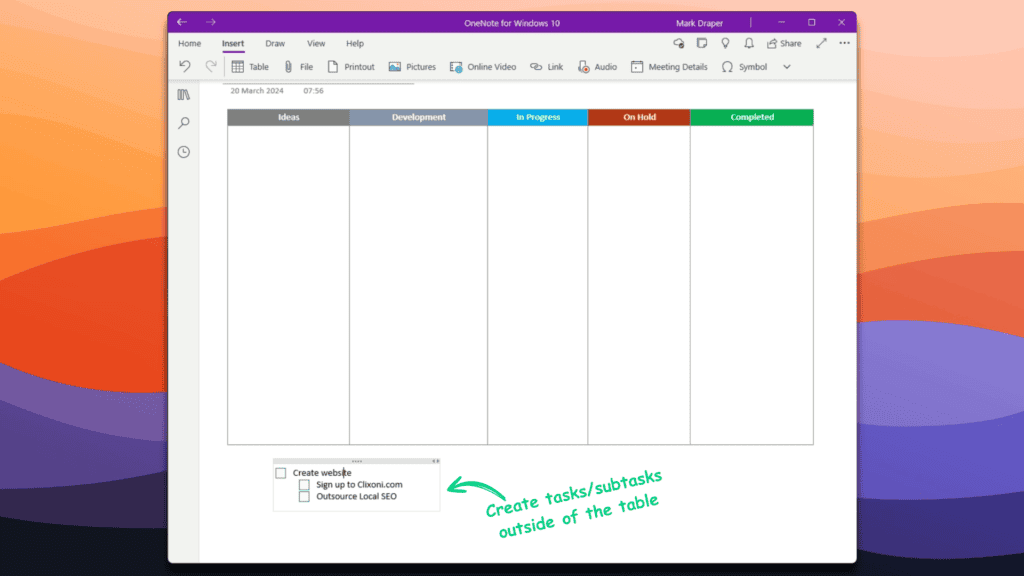 A screenshot of a kanban board on a computer screen displaying columns for “ideas,” “development,” “in progress,” “on hold,” and “completed.”.