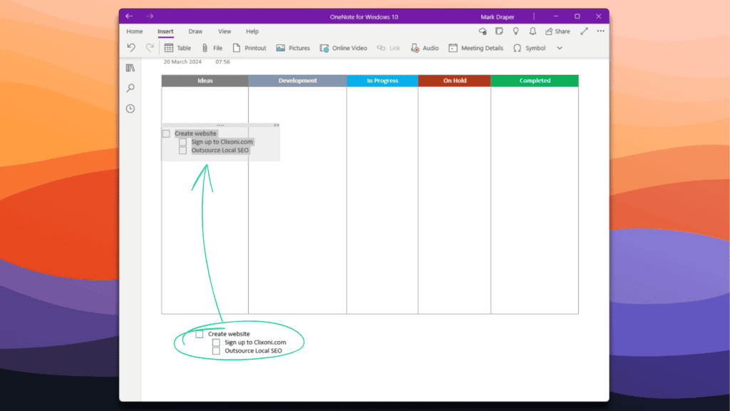 Kanban board in a project management app showing a task titled "create website" being moved from the "ideas" column to the "in progress" column.