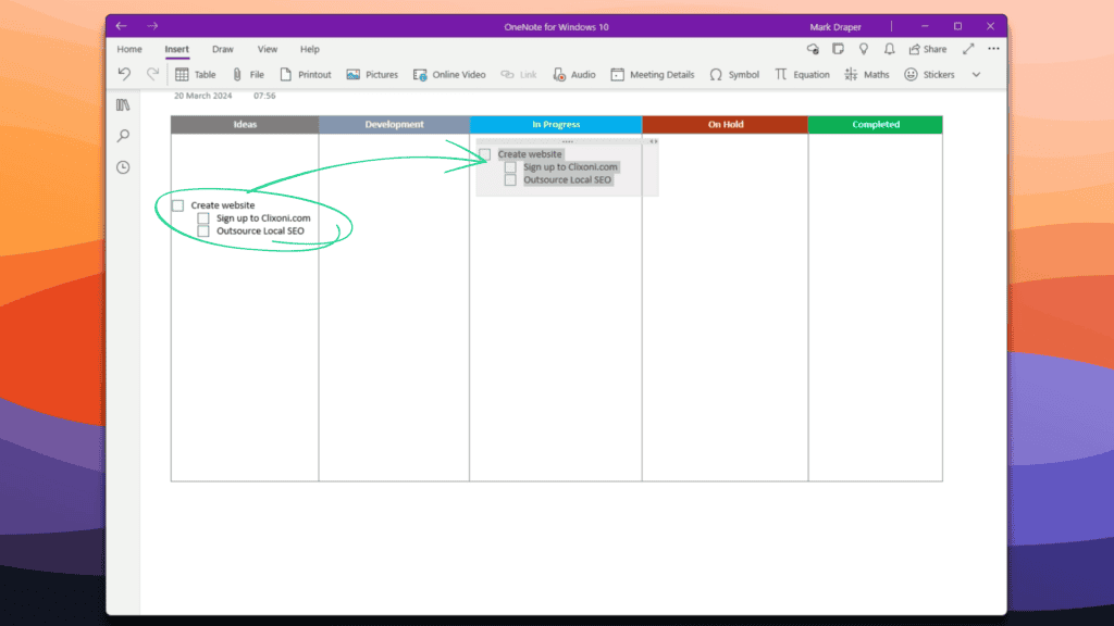 A screenshot of a project management software interface showing tasks categorized under 'ideas,' 'development,' 'in progress,' and 'completed' columns with some tasks connected by arrows indicating workflow.