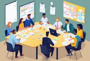 Illustration of a diverse group of nine professionals sitting around a hexagonal table in a meeting room, discussing documents and digital devices.