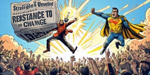 An illustrated superhero battles a businessman holding a large newspaper titled "RESISTANCE TO CHANGE" amid a crowd of people.