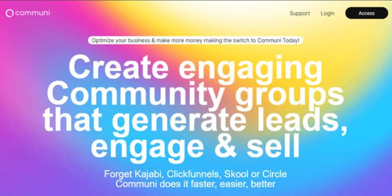 Promotional webpage for Communi, highlighting features for creating engaging community groups that generate leads, engagement, and sales. The background is a vibrant gradient of blue, yellow, and pink.