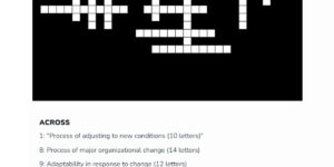 A partially completed crossword puzzle on a black background with three clues listed for Across: 1 (10 letters), 8 (14 letters), and 9 (12 letters), relating to change and adaptability in organizations.