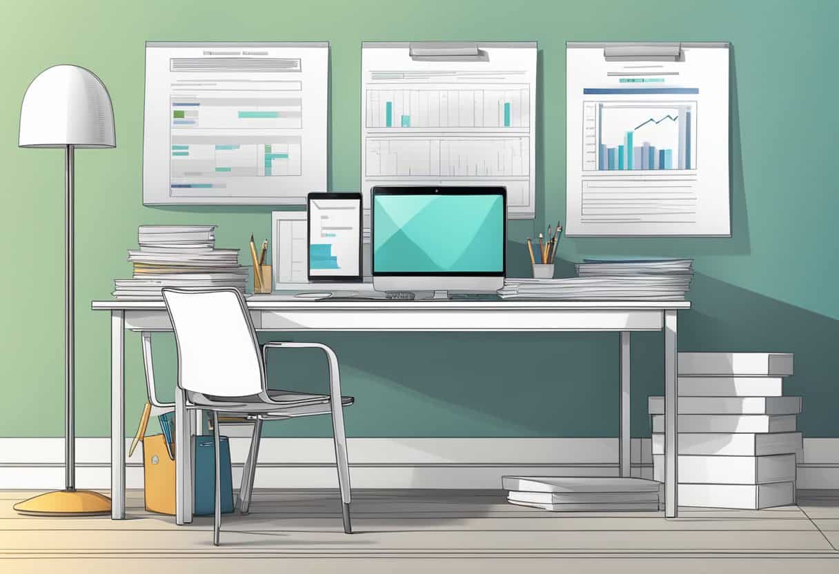 A desk with a computer, notebook, and pen. A wall display with a project timeline. A stack of FAQ documents