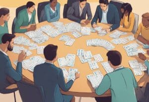 A group of people sit around a large circular table, examining numerous sheets of paper spread out in front of them.