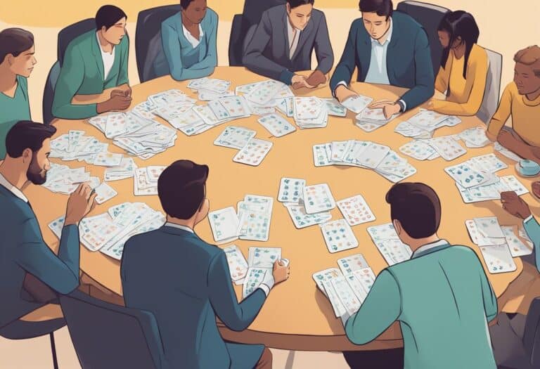 A group of people sit around a large circular table, examining numerous sheets of paper spread out in front of them.