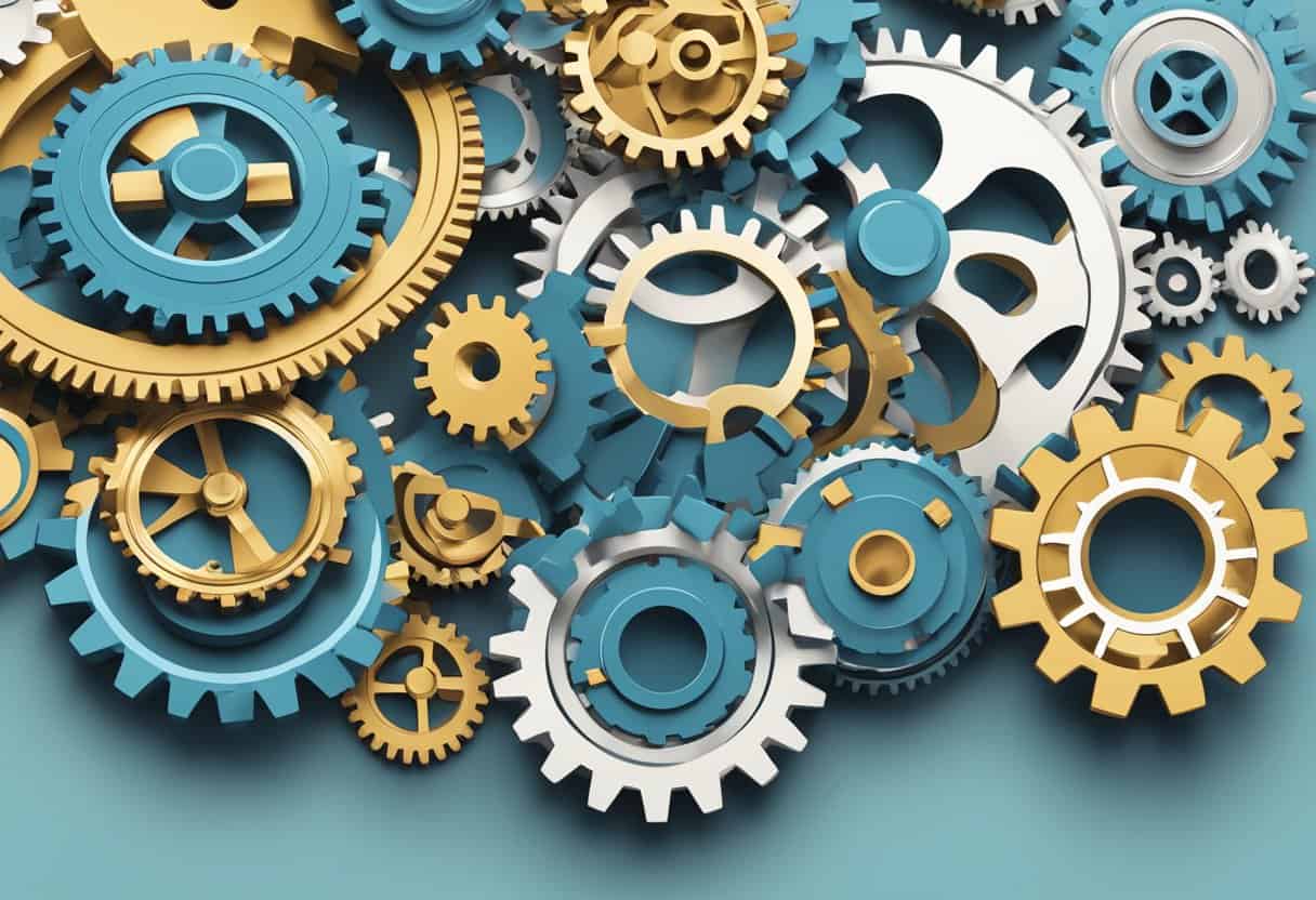 A group of interconnected gears symbolizing the Knoster Model for Change, with each gear representing a different aspect of assessing change readiness