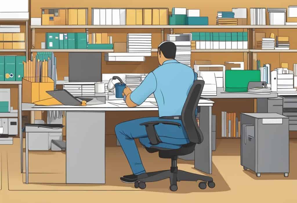 A person in a blue shirt is seated at a desk in a well-organized office space, surrounded by shelves filled with books, binders, and office supplies. They are looking at a computer monitor.