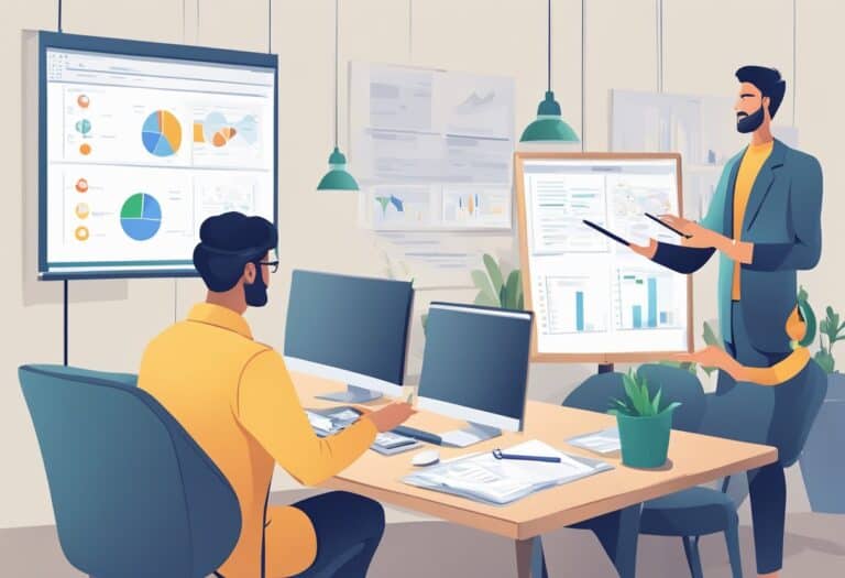 Two people in an office setting are working on computers and reviewing documents. Charts and graphs are displayed on a monitor and a whiteboard. Green indoor plants decorate the workspace.