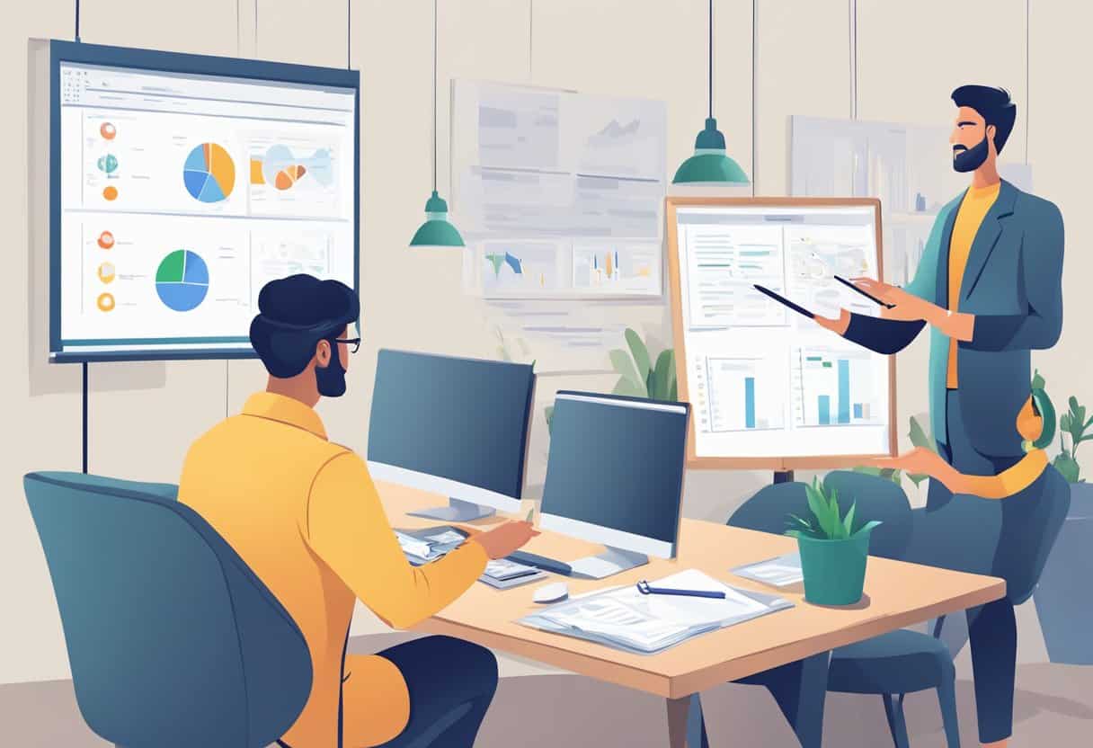 Two people in an office setting are working on computers and reviewing documents. Charts and graphs are displayed on a monitor and a whiteboard. Green indoor plants decorate the workspace.