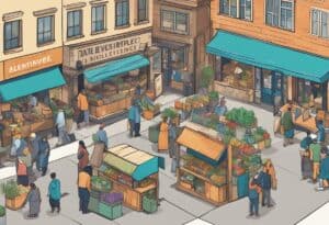 A bustling outdoor market with various stalls selling fruits, vegetables, and other goods. Shoppers are walking around and browsing the produce under blue awnings and storefronts.