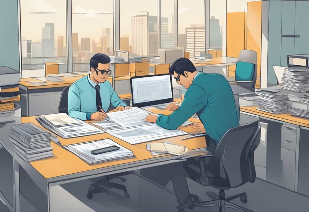 Two men in an office with large windows work on documents at a desk filled with papers and files. One uses a computer, and both are surrounded by office supplies and stacks of paper.